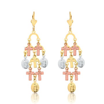 18K Gold Layered Oro Laminado Crosses and Ladies of Guadalupe Chandelier Leverback Earrings Wholesale 21.0441